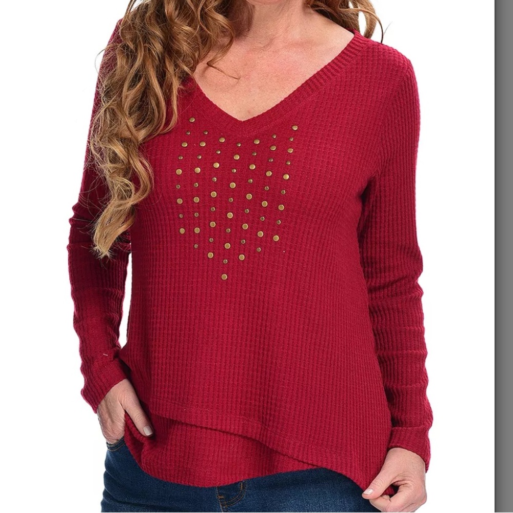 Women’s One World Red Embellished Thermal Knit Long Sleeve